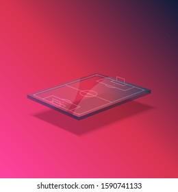 Football field sport 3D concept, transparent levitation isometric shape with shadow, pink gradient plastic material design