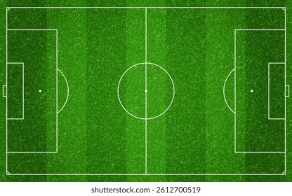 Football field top view. Soccer grass with markings. Green lawn texture with white lines. Stadium with fresh pitch effect. Sport ground template with turf. Vector illustration.