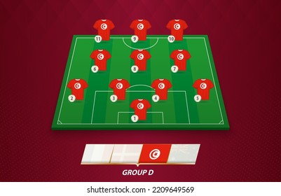 Football field with Tunisia team lineup for European competition. Soccer players on half football field.