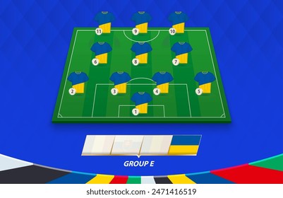 Football field with Ukraine team lineup for European competition. Soccer players on half football field.