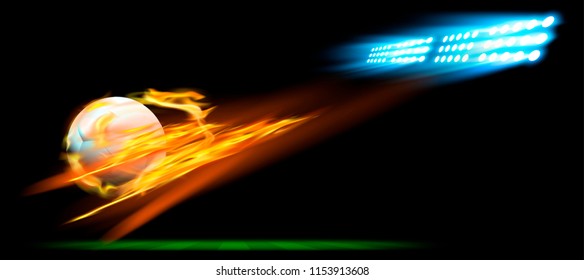 Football in a fiery flame, football field,spot light.