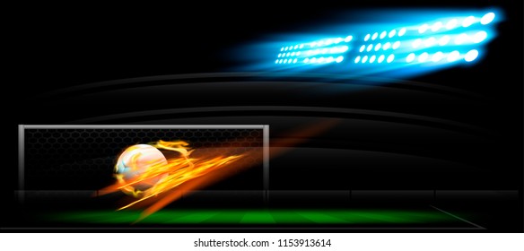Football in a fiery flame, football field,spot light.