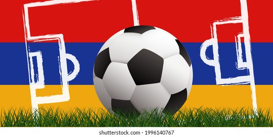Football with the flag of Armenia, on green soccer grass field. Vector background banner.  Vector stadium background banner. Sport finale wk, ek sport game. 2022, 2023, 2024