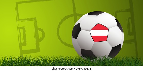 Football with flag of Austria on green soccer grass field. Vector goal background banner. Sport finale wk, ek or school, sports game. 2020, 2021, 2022