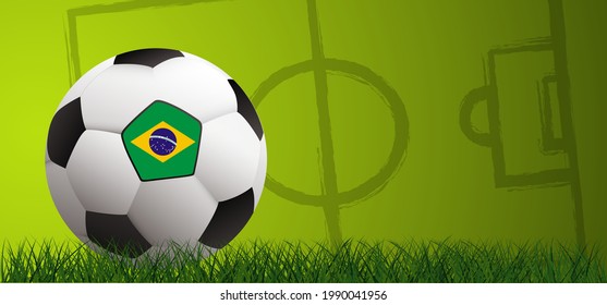 Football with the flag of Brazil, Brazilian, on green soccer grass field. Vector background banner. Sport finale or school, sports game. Summer, spring time, Street ball games. 2021