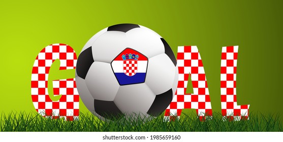 Football with the flag of Croatia on green soccer grass field. Vector background banner. wk, ek sport finale or school, sports game. Street ball.  2022. Croatie, Kroatië, Kroatien or Croatia. flags