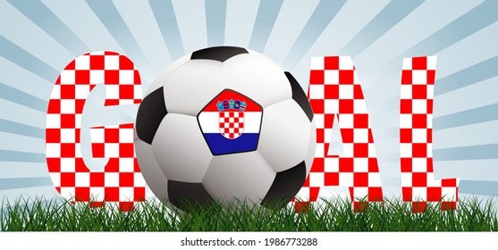 Football with the flag of Croatia on green soccer grass field. Vector background banner. wk, ek sport finale or school, sports game. Street ball.  2022. Croatie, Kroatië, Kroatien or Croatia. flags