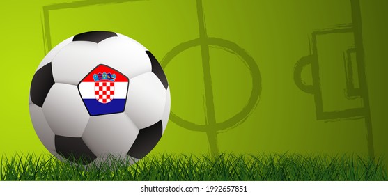 Football with the flag of Croatia on green soccer grass field. Vector background banner. wk, ek sport finale or school, sports game. Street ball.  2022. Croatie, Kroatië, Kroatien or Croatia. flags