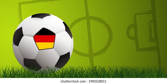 Football with the flag of Deutschland, Germany, on green soccer grass field. Vector stadium, supporters background banner. Sport finale or school, sports game. Street ball. wk, ek sport 2020, 2021, 20