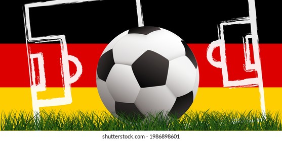 Football with the flag of Deutschland, Germany, on green soccer grass field. Vector background banner. Sport finale or school, sports game. Summer, street ball games. wk, ek sport German flag.