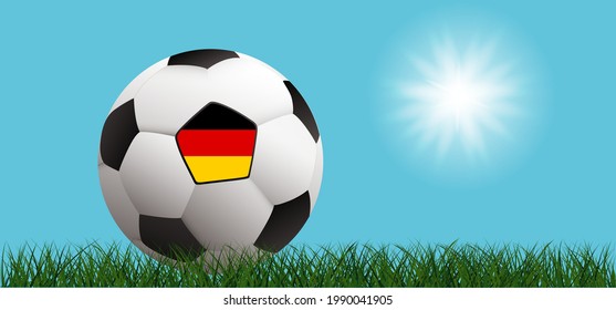 Football with the flag of Deutschland, Germany, on green soccer grass field. Flat vector wk, ek background banner. Sport finale or school, sports game. Summer, spring time, Street ball games. 2021