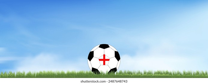 Fußball mit Flagge von England auf grünem Gras grünem Fußballfeld. Fußball Englische Nationalmannschaft