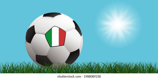 Football with the flag of Italy on green soccer ball grass field with sun. Flat vector wk, ek background banner. wk, ek sport supporters 2020, 2021, 2022