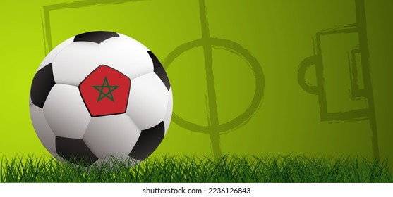 Football with the flag of Morocco on green soccer grass field. Vector background banner. Sport finale or school, sports game cup. Summer, spring time, Street ball games. wk, ek competition 2022, 2023