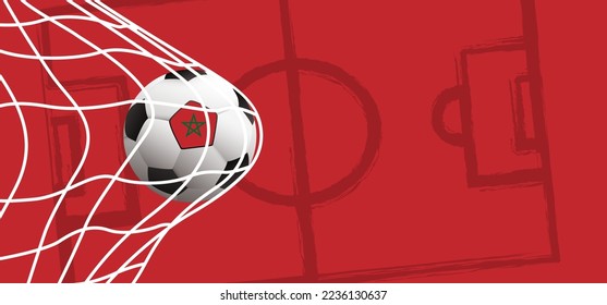 Fußball mit der Flagge Marokkos auf grünem Fußballfeld. Vektorhintergrund-Banner. Sportfinale oder Schule, Sportspiel-Tasse. Sommer, Frühlingszeit, Straßenballspiele. Wk, ek competition 2022, 2023