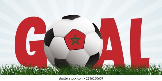 Football with the flag of Morocco on green soccer grass field. Vector background banner. Sport finale or school, sports game cup. Summer, spring time, Street ball games. wk, ek competition 2022, 2023