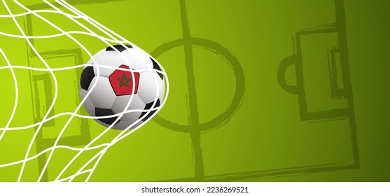 Football with the flag of Morocco on green soccer grass field. Vector background banner. Sport finale or school, sports game cup. Summer, spring time, Street ball games. wk, ek competition 2022, 2023