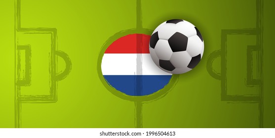 Football with the flag of the Netherlands on green soccer ball grass field. Vector stadium background banner. Sport finale wk, ek sport game.  Holland or Dutch orange supporters 2020, 2021, 2022