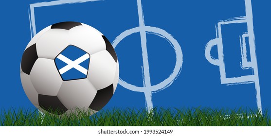 Football with the flag of Scotland on green soccer grass field. 