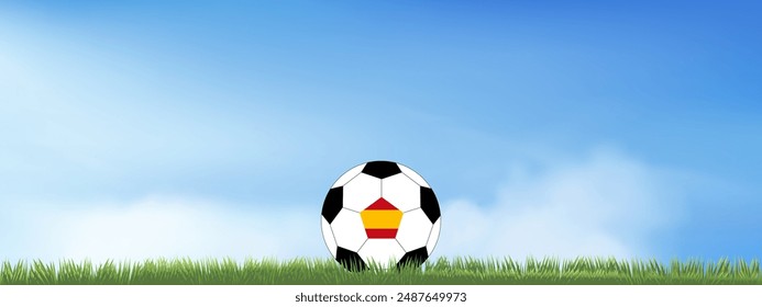 Fútbol con bandera de España en campo de hierba verde con bandera de España. Balón de fútbol Selección de España