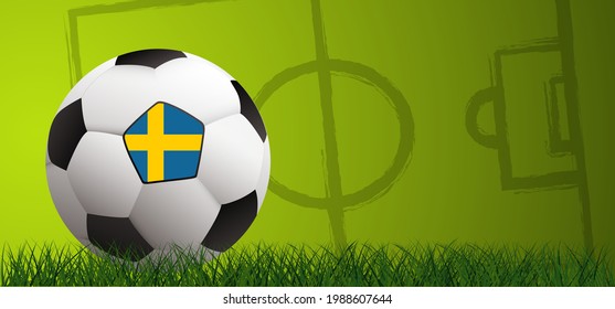 Football with the flag of Sweden on green soccer grass field. Vector background banner. Sport finale or school, sports game. Summer, spring time, Street ball games. 2020, 2021, 2022