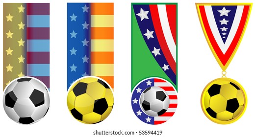 Football and flag of the USA executed in the form of a banner and medal on a white background