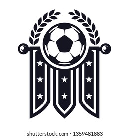 Football flat icon, soccer ball, striped flag with stars and laurel wreath. Sport games. Vector illustration, isolated on white background. For design logo, emblem, symbol, sign, badge, label, stamp.