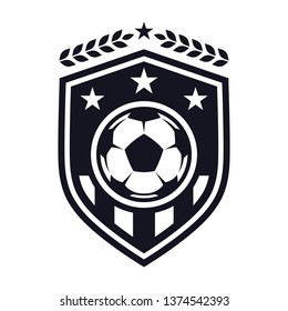 Football flat icon, soccer ball, shield with stars and laurel wreath. Sport games. Vector illustration, isolated on white background. For design logo, emblem, symbol, sign, badge, label, stamp.