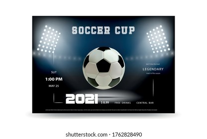 Football flyer, ticket or banner background. Soccer or football ball on modern background. Football abstract design template for soccer covers design.