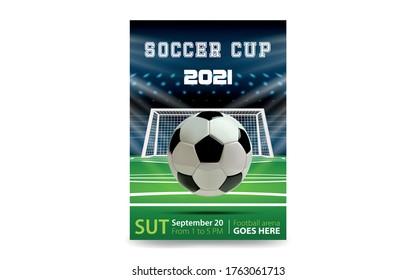 Football flyer, ticket or banner background. Soccer or football ball on modern background. Football abstract design template for soccer covers design.