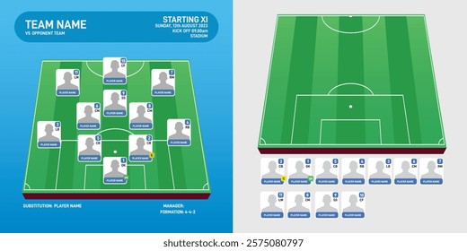 Football Formation Template. Blue World Soccer or football field with 11 avatar with numbers vector illustration. soccer starting lineup