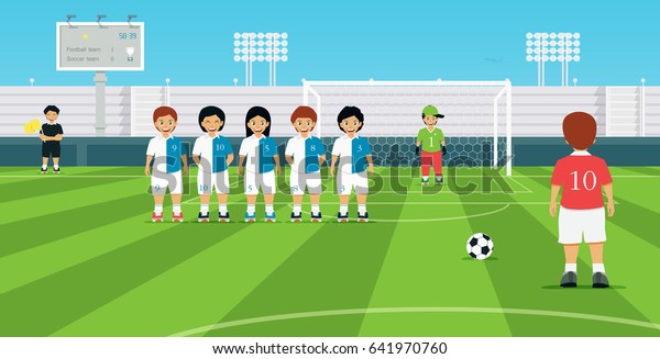 Football free kick kicker with opposing player set\
up defensive wall.