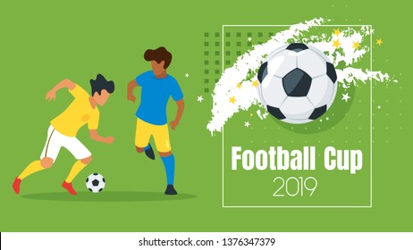 Football game banner template with faceless man silhouettes playing soccer. Vector illustration. 