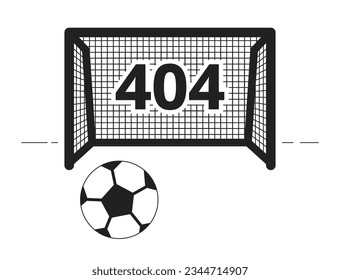 Football game black white error 404 flash message. Kicking ball into gate. Monochrome empty state ui design. Page not found popup cartoon image. Vector flat outline illustration concept