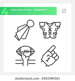 Football game elements linear icons set. Fan support. Game day. American football match. Player uniform. Customizable thin line symbols. Isolated vector outline illustrations. Editable stroke