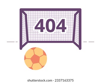 Mensaje flash 404 de error de juego de fútbol. Patear la pelota en la puerta. Diseño de estado vacío. Página no encontrada imagen emergente de caricatura. Concepto de ilustración plana vectorial sobre fondo blanco