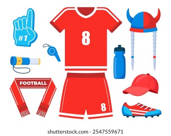 Juego de fútbol y atributos de los fanáticos. Accesorios de la alegría del fútbol. Partido de fútbol, competición, campeonato. Conjunto de Elementos para el fútbol, evento deportivo de fútbol. Ilustración vectorial