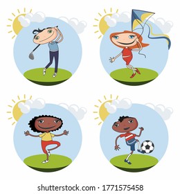 Football game. The game of golf. Kite. Yoga classes. Vector collection of summer holidays.