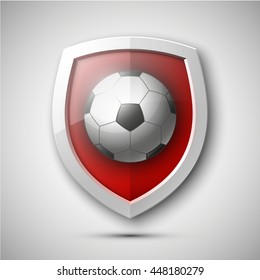 Football Game Icon, European Soccer Game Badge, Ball On A Background Of Red Shield, Realistic Vector Illustration