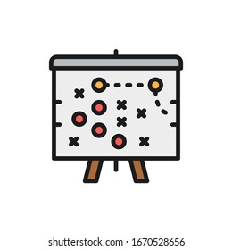 Plan de juego de fútbol, icono táctico de línea plana de color.