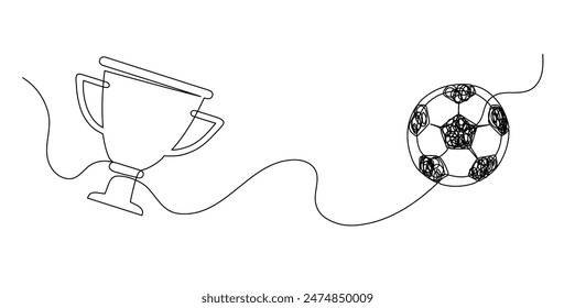 Football game. Soccer ball and cup winner cup. Continuous line drawing.