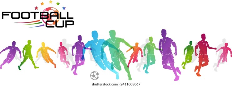 Football game. Soccer players in action, kicking ball for winning goal. Abstract vector illustration. Horizontal border from rainbow sportsman silhouettes.