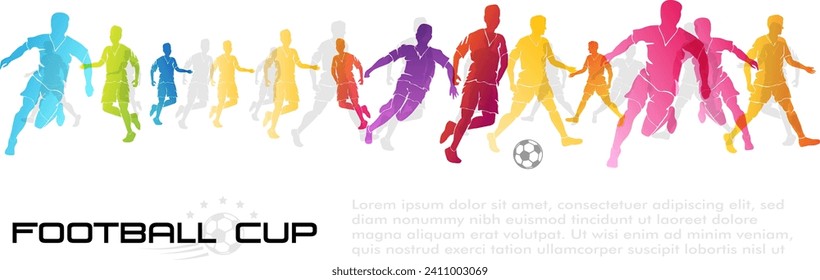 Football game. Soccer players in action, kicking ball for winning goal. Abstract vector illustration. Horizontal border from rainbow sportsman silhouettes.