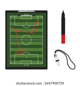 Football game tactic board concept. Coach instruction soccer team formation, strategy and tactic on clipboard. Sport infographics. Isolated on white background. Vector illustration