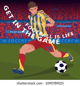 Football gameplay. Close up of European soccer player running with ball in sport arena, front side view, spectator area on background. Realistic style. Vector illustration