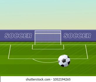 Football gate with grid on a green sports lawn, realistic playing field of stadium. Moving team game of football with ball, sports field with landscape. Illustration isolated.