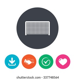 Football gate sign icon. Soccer Sport goalkeeper symbol. Download arrow, handshake, tick and heart. Flat circle buttons.