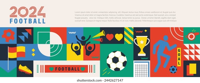 Football geometric banner in flat style. Horisontal poster for football with symbols - ball, triumph cup, field. Vector illustration for social media, card, web.Great for flyer, poster, cover design.