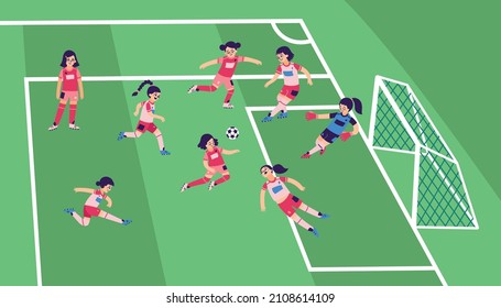 Football girls composition a team of girls in pink uniforms playing soccer on the field vector illustration