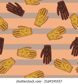 Football glove sketch seamless pattern. Vintage element of goalkeeper in hand drawn style. Engraved texture for fabric, wallpaper, textile, print, title, wrapping paper. Vector illustration.